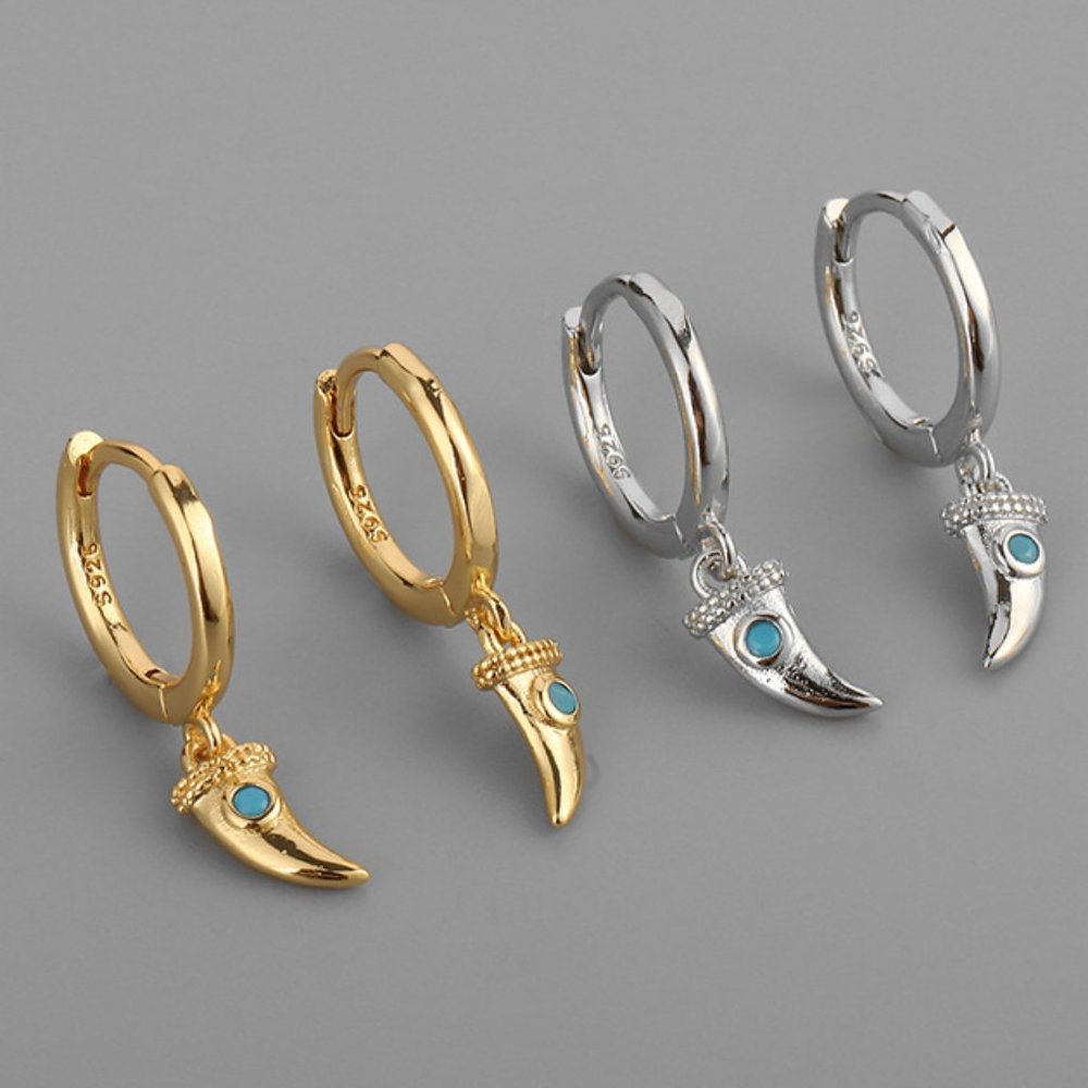 #NEW 925 Sterling Silver Turquoise Horn Drop Round Hoop Earrings